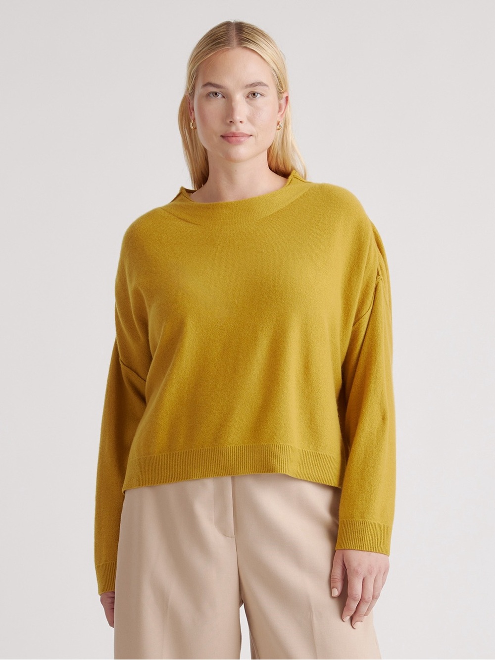 $325 Quince Mongolian Cashmere Funnel Neck Mock-Neck Sweater Cropped Mustard L-M